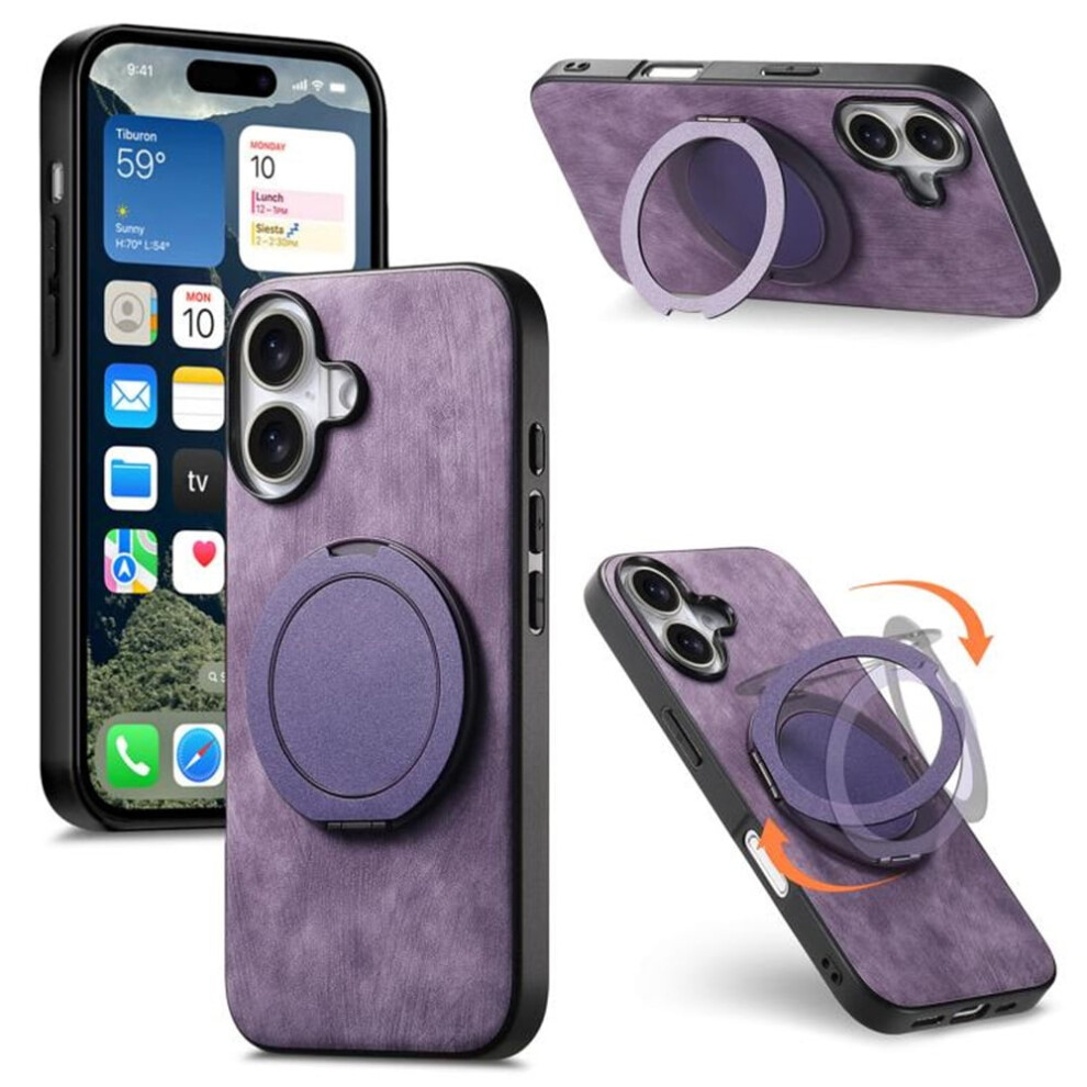 Iphone 16 Retro Leather Rotating Stand Case Purple 9165521147670