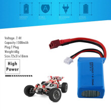 Bateria de substituição WLtoys A959-B/A969-B/A979-B/144001 - LiPo 7,4V 1500mAh com conector T (72x31x18mm) - Upgrade não original. Conforme