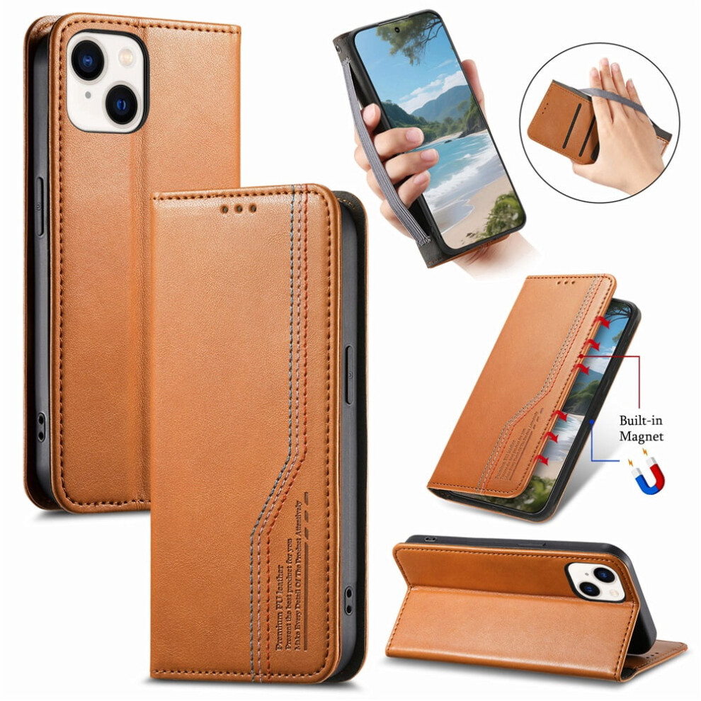Iphone 13 6.1" Case Â Leather Flip Wallet With Magnetic Closure & Wristband, Compatible With Iphone 13 Brown 9152228528970