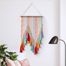 Macrame Wall Hanging Decor, 22"x35" Cotton Rainbow Tapestry with Wood Beads & Tassels, Bohemian Farmhouse Wall Art for Bedroom/Living Room