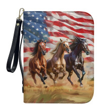 American Flag 3-Horse PU Leather Bible Case w/ Detachable Wristlet Strap – XL, Compatible with Large Bibles