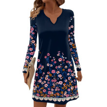 Damen-Midikleid mit langen Ärmeln, V-Ausschnitt, Blumenmuster, ohne Taschen, Marineblau, Größe L (Herbst/Winter)