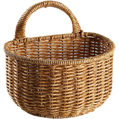 Large Wall-Mounted Wicker Storage Basket with Handle – Hanging Kitchen Organizer