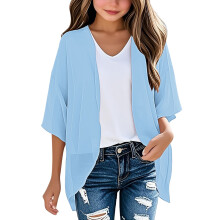 Girls Lightweight Chiffon Cardigan Puff Sleeve Loose Beach Wear Cover Up Blouse Top Blue 5-6 Years