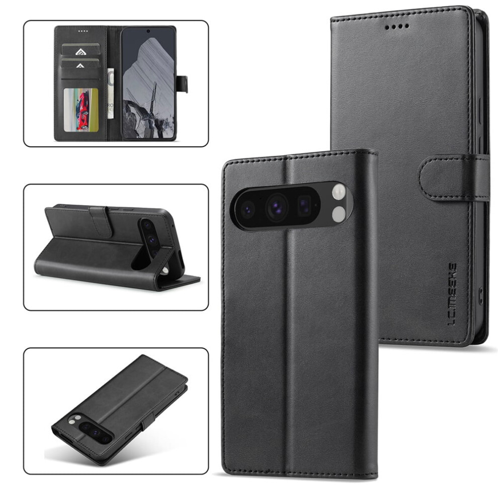 Lc.imeeke Leather Case For Google Pixel 10 Pro – Pu Flip Folio With Card Slot, Magnetic Closure, Kickstand, Shockproof, Black 9170372135684