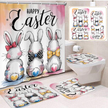 Easter Bunny Series 4-Piece Bathroom Set,Waterproof Polyester Shower Curtain Divider with Full Easter Theme Decor and Accessories