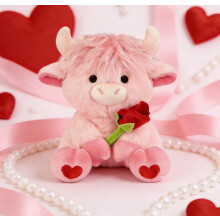 Pink Kawaii Highland Cow Plush Toy with Rose