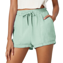 Shorts femininos de verão com bolsos, cintura alta, pernas largas, detalhe de babado na cintura e cordão ajustável, perfeitos para o verão de
