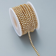 Rolo de corrente de strass SS6 de 2 mm, 10 jardas, com fecho de cristal para costura, branco dourado.