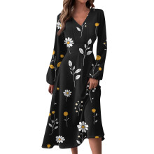 Lässiges, langes Damenkleid mit V-Ausschnitt, langen Ärmeln und Blumenmuster, Ingwergelb, Größe L (Herbst/Winter)