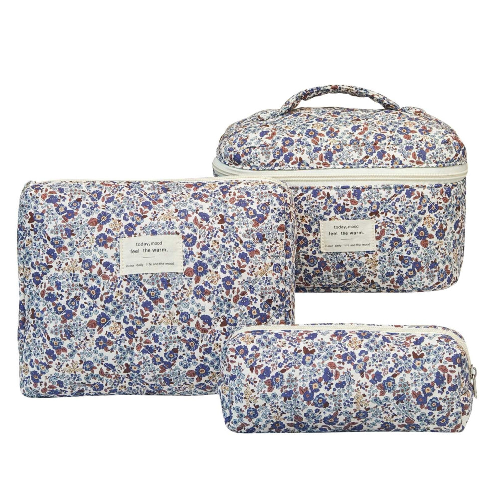 Large Travel Quilted Makeup Bag for Women, Floral Cotton Cosmetic Bag, Coquette Aesthetic Floral Toiletry Organizer Bag