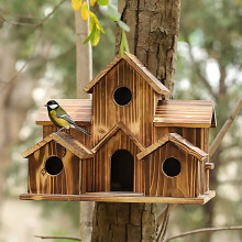 Houten vogelhuisjes voor blauwe vogels, geschikt voor buiten – te plaatsen op een paal, op te hangen of aan de muur te bevestigen. Geschikt voor