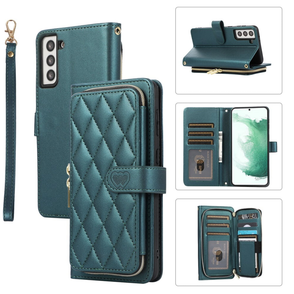 Luxury Leather Wallet Case For Samsung Galaxy S22+ 5G (6.6"), With Wrist/Shoulder Strap, 9 Card Slots, Zipper Purse, Stand Function, Checkered 9405492265110