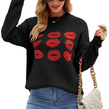 Bluză casual pentru femei, hanorac cu mânecă lungă, croială lejeră, pulover cu imprimeu buze, top la modă pentru petrecere de Crăciun