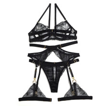 Completo intimo in pizzo floreale con reggiseno con ferretto, design trasparente, babydoll in rete, reggiseno push-up, set 3 pezzi, reggicalze,
