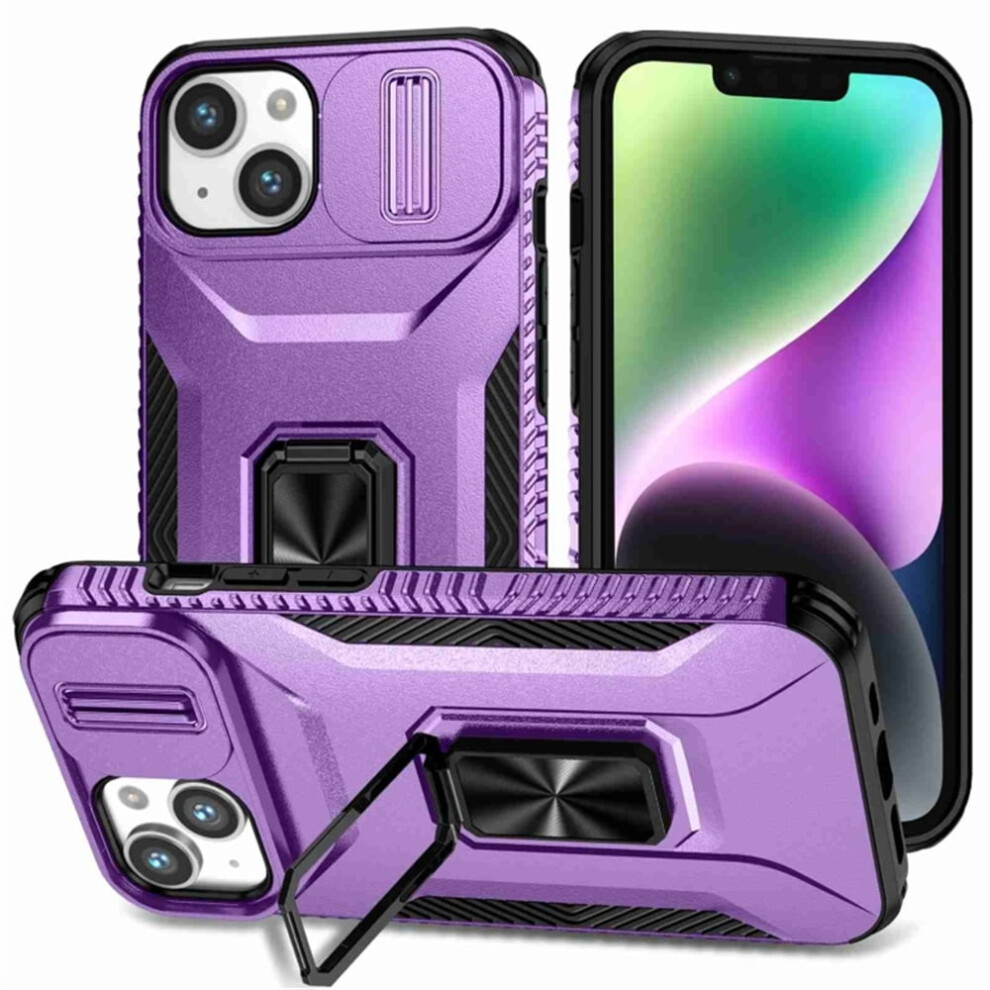 Slim Fit Shockproof Hybrid Case For Iphone 14 PlusâMilitary-Grade, Slide Camera Cover & Rotated Ring Kickstand, Purple 9558633041248