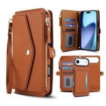 RFID Blocking 2-in-1 PU Leather Wallet Case with Magnetic Flip, Multi-Card Slots, Zipper Pocket, Detachable Straps – Brown, Compatible with iPhone