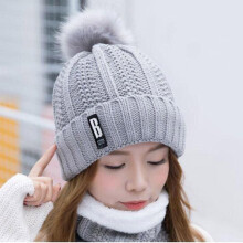 Women's Knit Hat & Scarf Set with Pom Pom Beanie, Fleece-Lined, Warm Winter Accessory for Skiing, Snowboarding—Gray