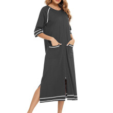 Women's Full Zipper Robe 3/4 Sleeves Color Block Side Slits House Dress Casual Lightweight Sleepwear with Pockets