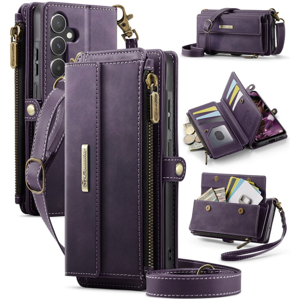 Caseme Wallet Case For Samsung Galaxy A55 – Rfid Blocking, Pu Leather, Kickstand, Wrist Strap, Zipper, Card Slots, Purple 9558633042696