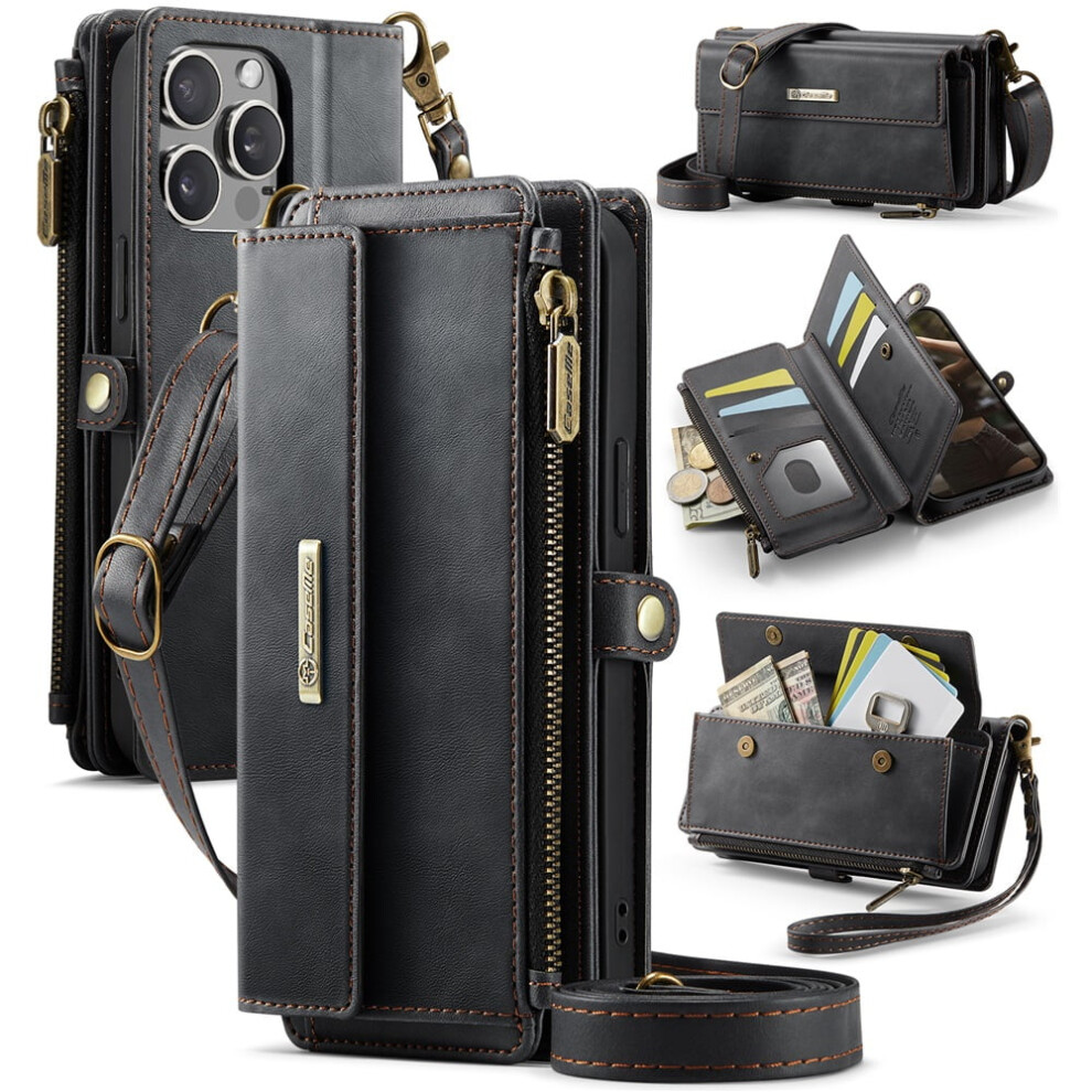 Caseme Wallet Case For Iphone 15 Pro MaxâRfid-Blocking Pu Leather, Kickstand, Wrist Strap, Zipper Card Slot, Black 9558633042955