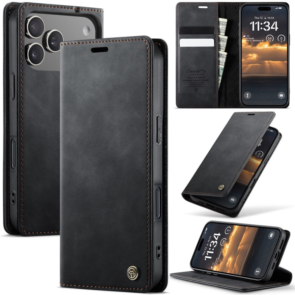 Caseme Calf Leather Wallet Case For Iphone 17 Pro 6.3" – Rfid Blocking, Magnetic Closure, Card/Cash Slots, Kickstand, Shockproof, Black 9558633045109