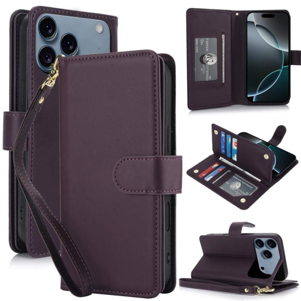 Leather Magnetic Flip Wallet Case For Iphone 17 Pro Max 6.9": Rfid Blocking, Kickstand, Anti-Drop Tpu, Detachable Wrist Strap, Dark Purple 9485826630999
