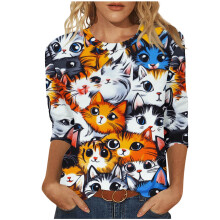 Camiseta de manga tres cuartos con cuello redondo para mujer, camiseta estampada floral, blusas de moda, camisetas con estampados para uso diario.