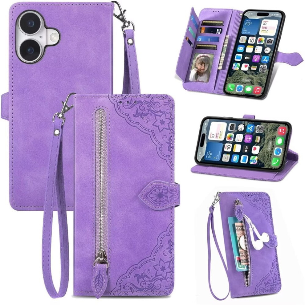 Magnetic Leather Wallet Case With Zipper, Kickstand & Wrist Strap For Compatible With Iphone 17 6.3-Inch 9485826631446