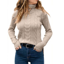 Lässiger Damen-Rollkragenpullover mit Zopfmuster, lange Ärmel, bequeme Passform, Khaki, Größe M – Geeignet für Freizeitkleidung