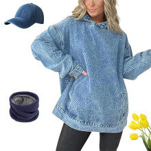 Damen-Jeans-Kapuzenpullover mit geräumigen Taschen, lässig und stylisch, lockere Passform