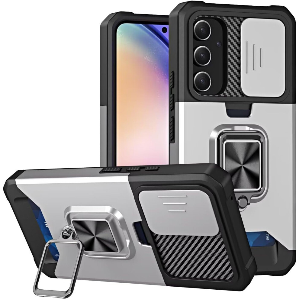Military-Grade Dual-Layer Case For Galaxy A36 5G: Tpu+Pc, Built-In Magnetic Kickstand, Card Slot, Shockproof (Silver) Silver 9418476694738