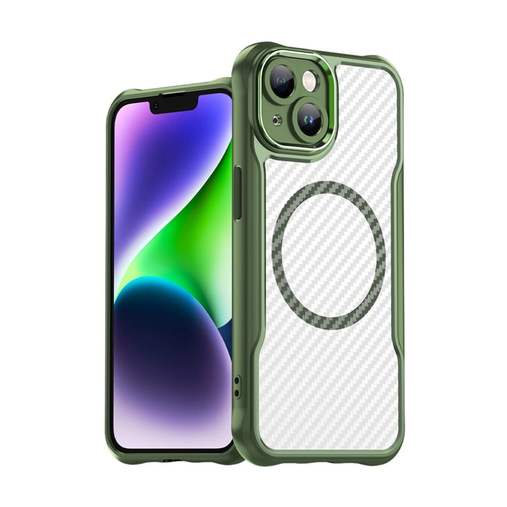 Carbon Fiber Magnetic Case For Iphone 14, Magsafe Compatible, Translucent Matte Anti-Fingerprint, Slim Shockproof, Green 9418476694325
