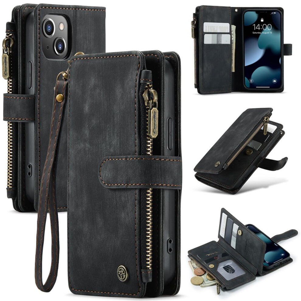 Caseme Wallet Case For Iphone 13 Mini (5.4") Â Pu Leather, Magnetic Flip, Lanyard Strap, Wristlet & Zipper Card Holder, Black 9418476693380