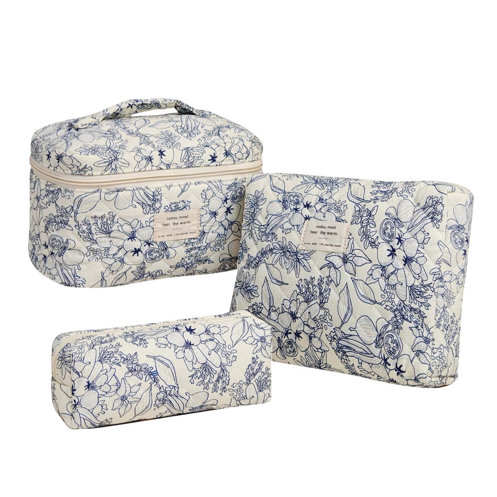 Large Travel Quilted Makeup Bag for Women, Floral Cotton Cosmetic Bag, Coquette Aesthetic Floral Toiletry Organizer Bag