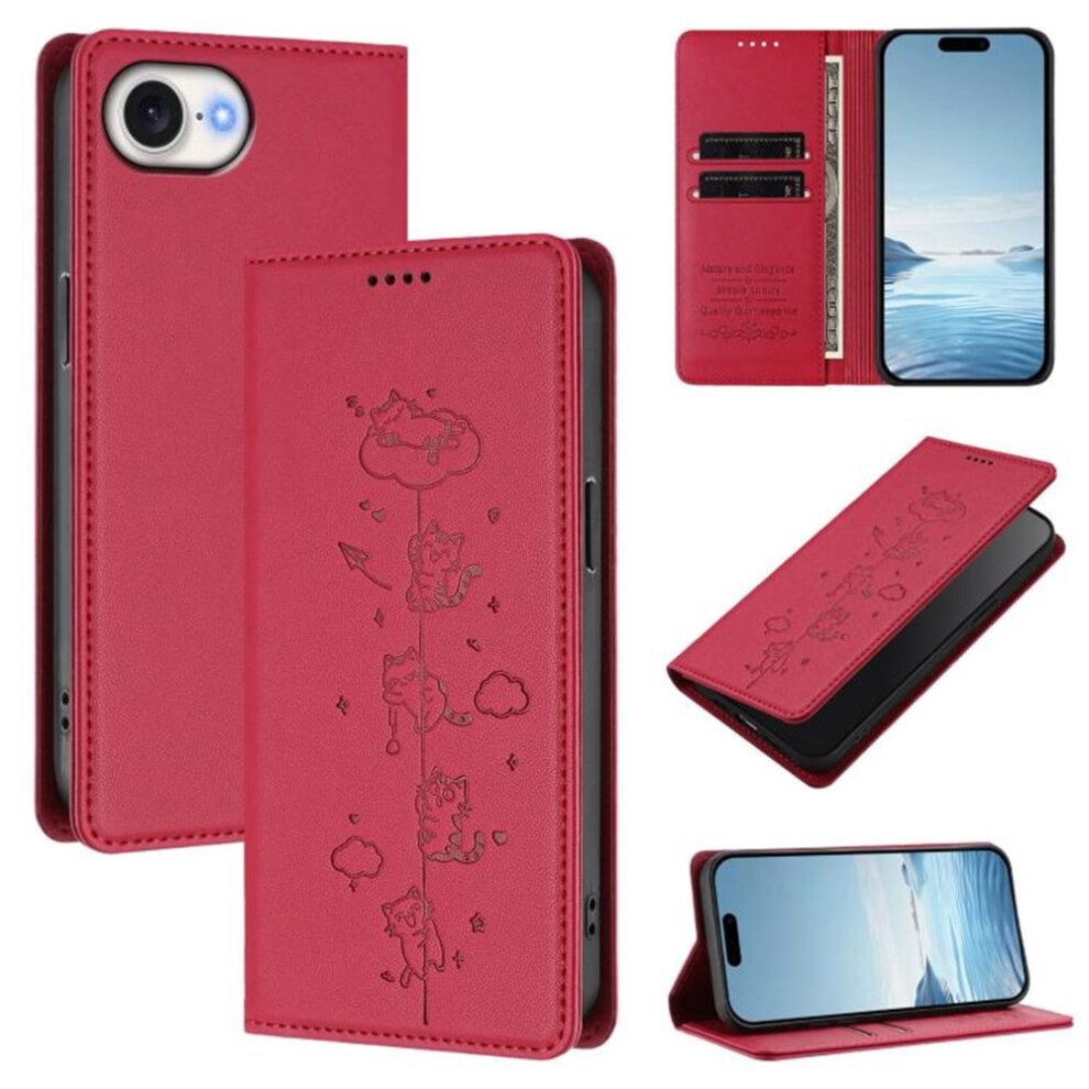 Leather Flip Wallet Case For Iphone 16E Â Rfid Blocking, Cat-Embossed, Magnetic Closure, Card Holder Red 9485826632979