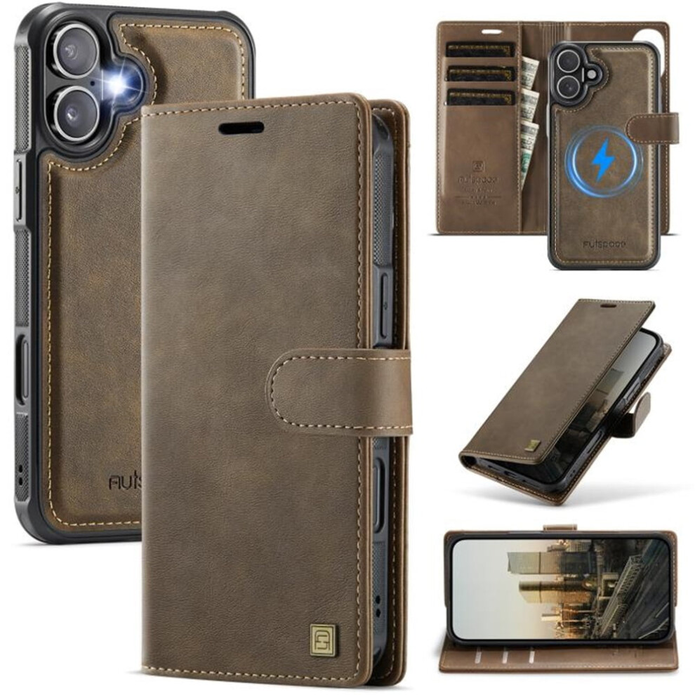 2-In-1 Detachable Magnetic Wallet Case For Iphone 16, Magsafe Compatible, Pu Leather Flip Cover With Multi-Card Slots, Shockproof, Brown 9193271833918