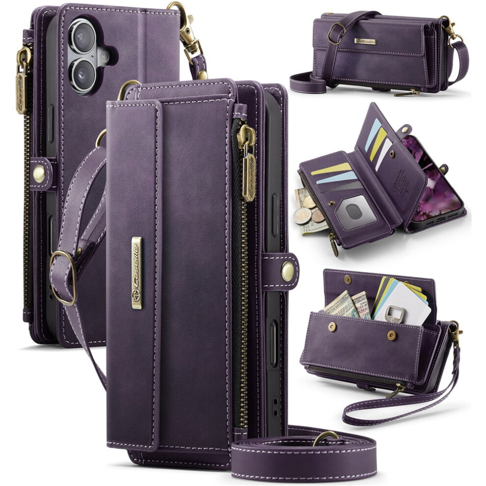 Caseme Wallet Case For Iphone 16 (6.1"), Rfid-Blocking Pu Leather, Kickstand, Wrist Strap, Zipper Card Holder, Purple 9193271833512