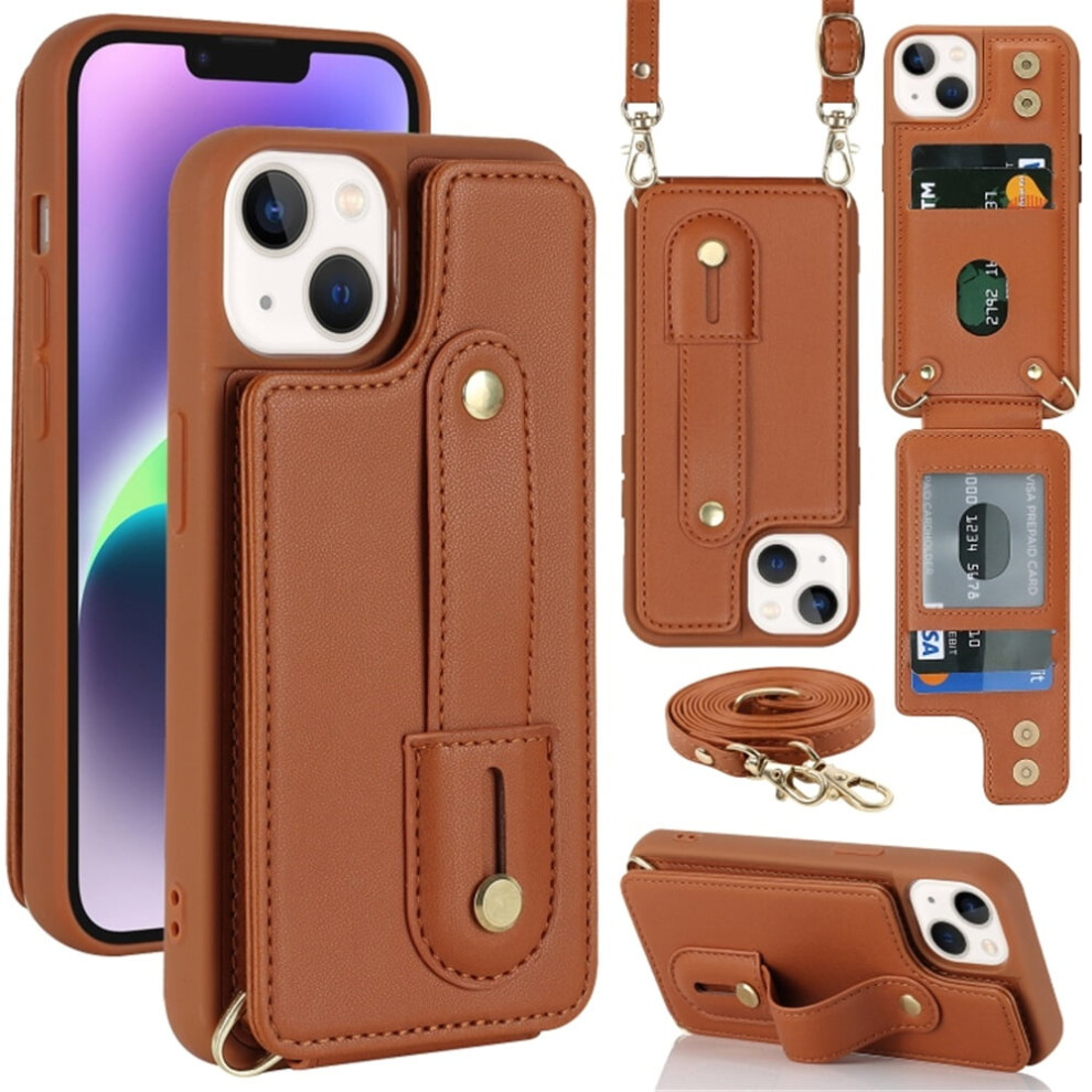 Premium Pu Leather Flip Wallet Case With Wristband & Card Slots, Detachable Crossbody Strap Â Compatible With Iphone 14 Brown 9418476695261