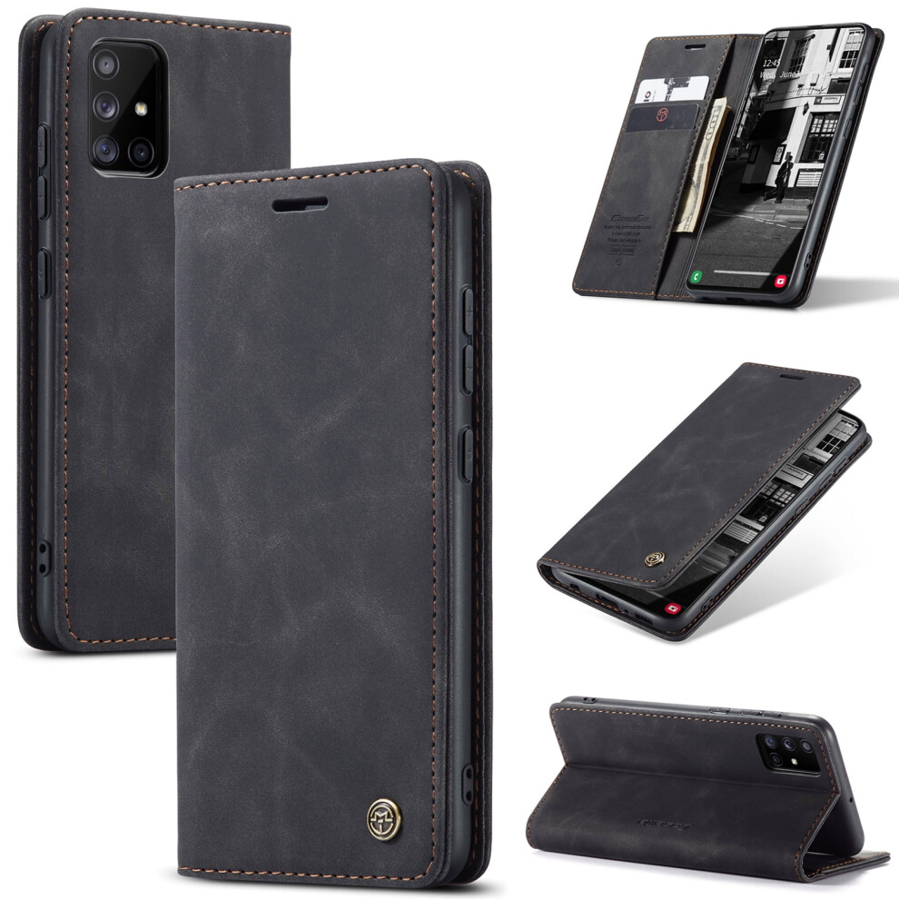 Caseme Leather Flip Wallet Case For Compatible With Samsung Galaxy A51 4GâMagnetic, Card Holder, Kickstand, Shockproof, Black 9485826633884