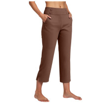 Caprihose für Damen, Stretch, hoher Bund, knöchellang, Bürohose, Freizeithose für Sommer und Freizeit, auch als Yogahose geeignet, Braun, Größe