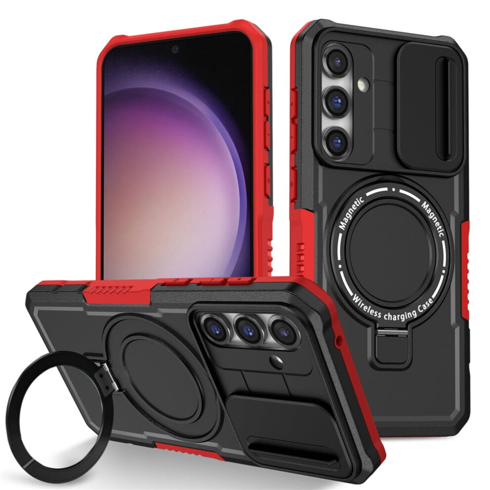 Case For Samsung Galaxy S23 Fe 6.4" – Sliding Camera Cover, Magsafe Compatible, Shockproof, Kickstand & Ring Holder, Black/Red 9418476696244