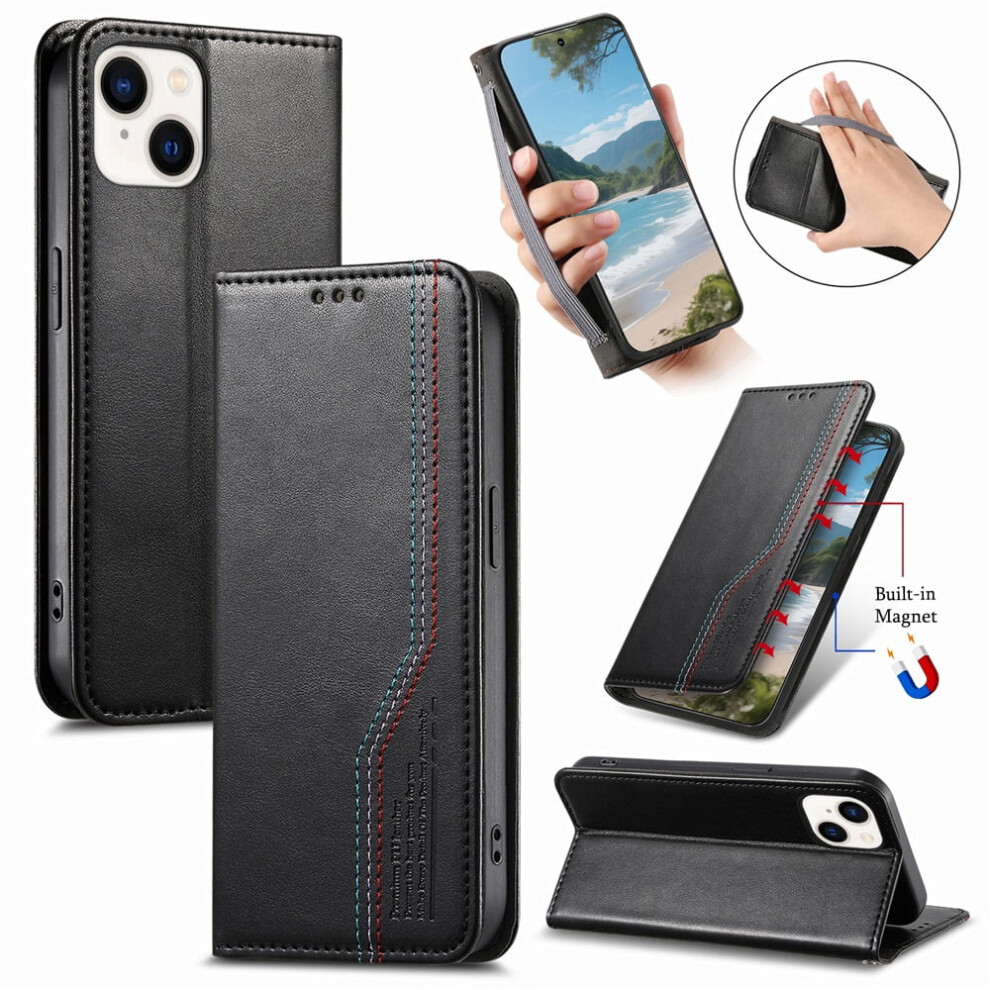 Iphone 15 6.1" Case – Magnetic Flip Wallet With Elastic Wristband, Compatible With Iphone 15 Black 9418476696527
