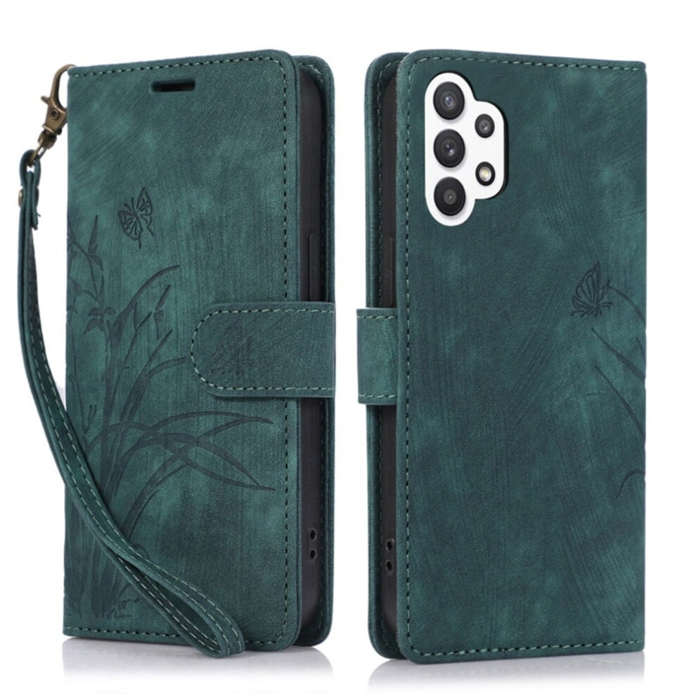 Leather Flip Wallet Case For Samsung Galaxy A13 4G/5G Â Orchids & Butterflies Embossed, 3-Card Holder, Magnetic Closure, Green 9152228531796