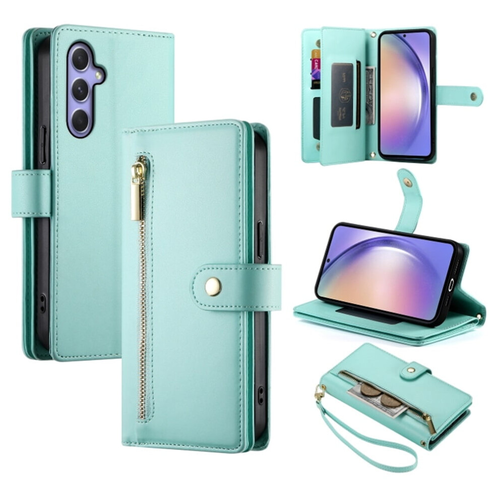 Wallet Case For Samsung Galaxy A54 5G (6.4"), Multi-Card Slots, Zipper Pocket, Lanyard Strap, Leather Green 9152228532342