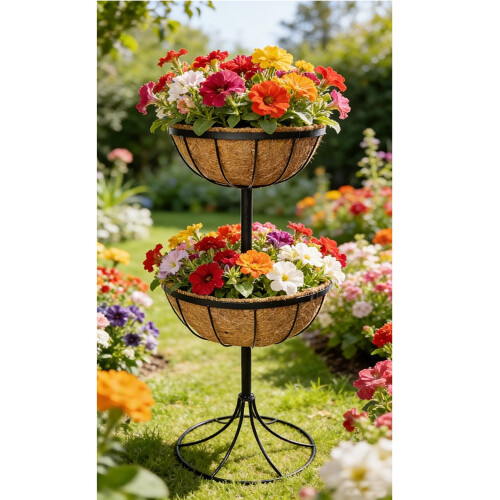 2 Tier Garden Flower Fountain Planter with Liners 2