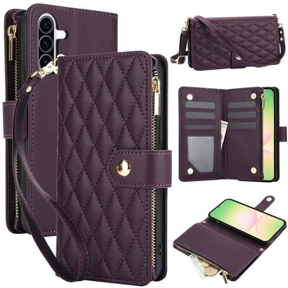 Rfid-Blocking Flip Wallet Case For Samsung Galaxy A57 5G Â Dark 3-Card Slots, Kickstand, Wrist Strap & Zipper Purple 9152228533608