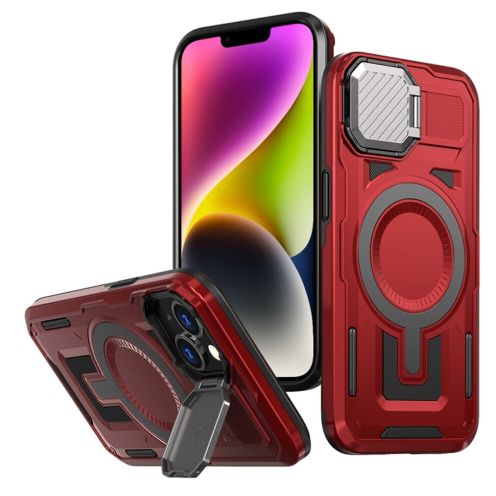 Rugged Magsafe Case For Iphone 14 Plus (6.7") – Military-Grade, Adjustable Metal Lens Cover & Stand, Red 9152228532533