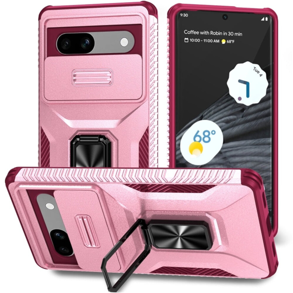 Slim Fit Shockproof Hybrid Case For Google Pixel 7A – Slide Camera Cover, Rotated Ring Kickstand, Military-Grade, Pink 9170372141210