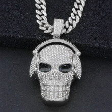 Hip Hop Skull Pendant Necklace 13mm w/ Cuban Chain, Crystal Iced Out Bling Jewelry – Compatible with Hip Hop & Street Dance